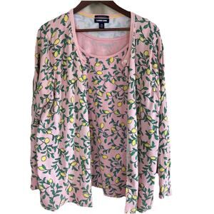Lands’ End 2 Piece Twin Set Tank Cardigan Pink with Lemons Size 2X Supima Cotton